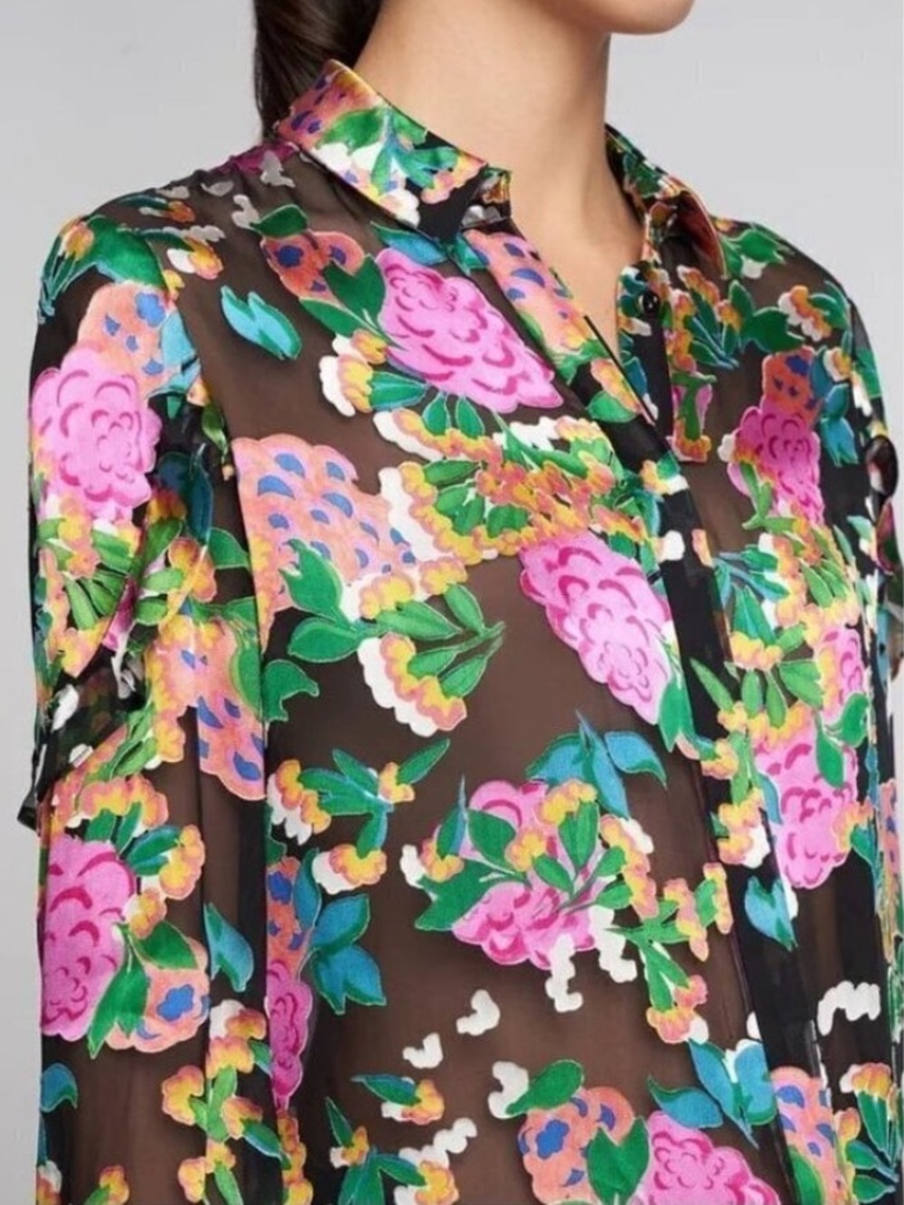Saloni Silk Floral Print Long Sleeve Button-Up Blouse Size 8